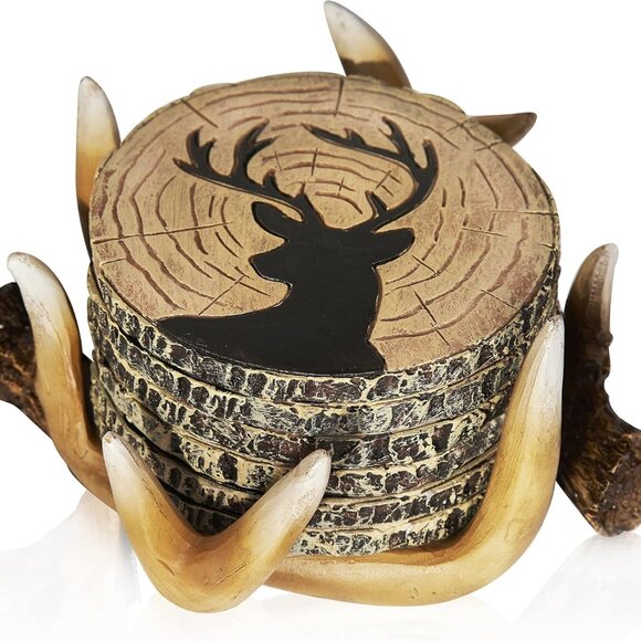 Deer Antlers Coaster Set of 6 – Handcrafted Deer Antler Decor and Man Cave Gifts - Picture 1 of 6